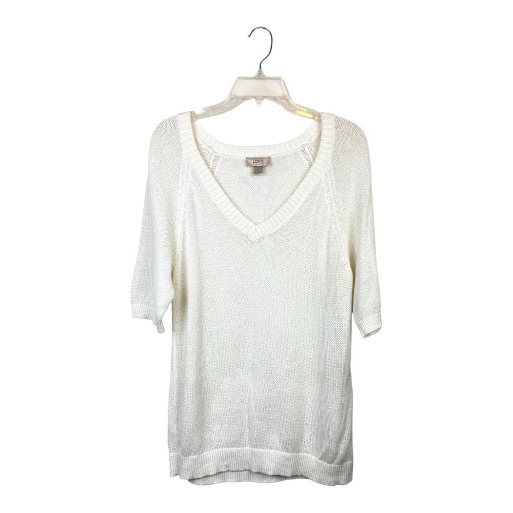 White Lightweight Open Weave Knit Linen Blend Semi sheer V Neck Sweater Sz L EUC